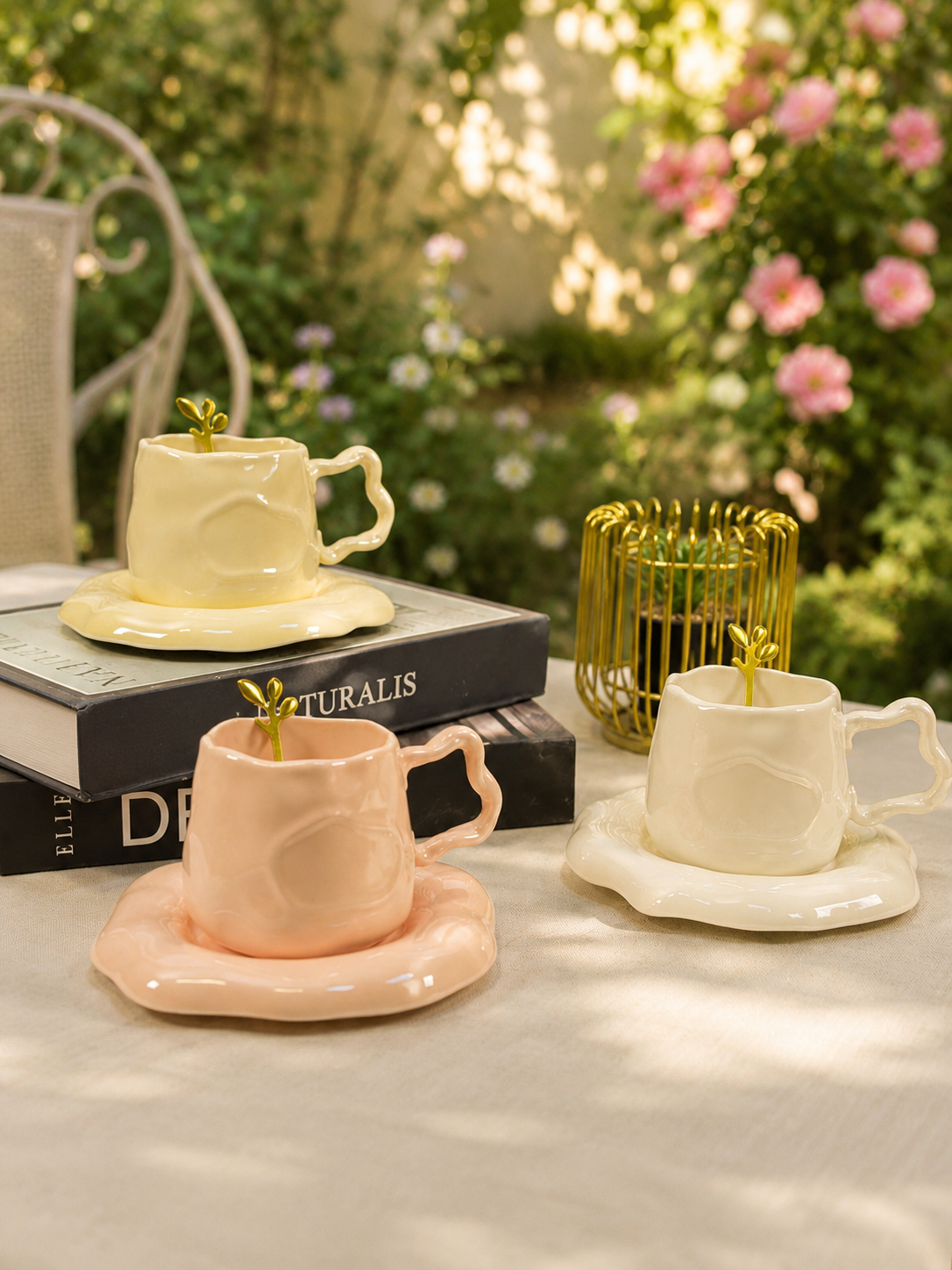 Liquid Silk Coffee Duo – Sculptural Melted-Style Ceramic Cup & Gold Spoon Set
