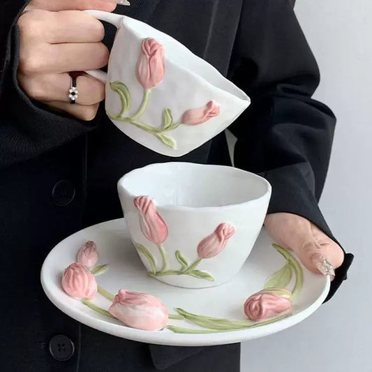 Handmade 3D Tulip Ceramic Cup & Saucer – Floral Embossed Coffee Mug & Snack Plate Set 🌷