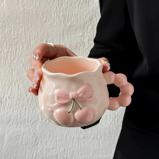 Peach & Bow Ceramic Mug with Beaded Handle