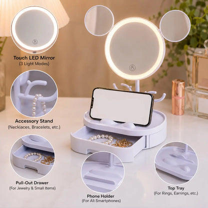 Mouse Ear LED Makeup Mirror with Jewelry Organizer & Drawer