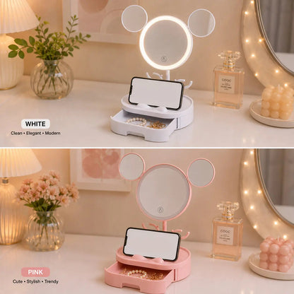 Mouse Ear LED Makeup Mirror with Jewelry Organizer & Drawer