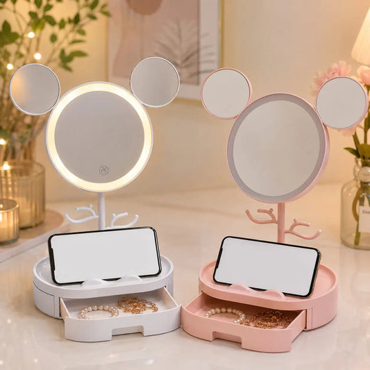 Mouse Ear LED Makeup Mirror with Jewelry Organizer & Drawer