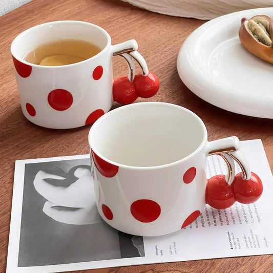 Cherry Handle Polka Dot Mug - Cute Ceramic Coffee & Tea Cup