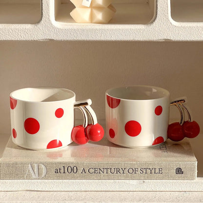 Cherry Handle Polka Dot Mug - Cute Ceramic Coffee & Tea Cup