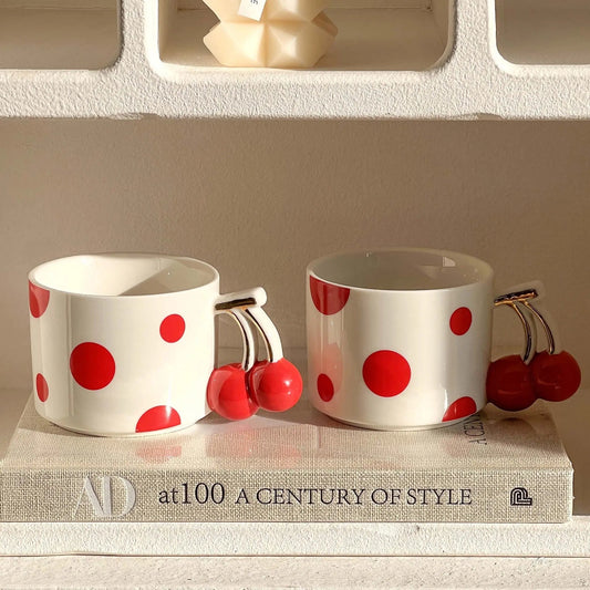 Cherry Handle Polka Dot Mug - Cute Ceramic Coffee & Tea Cup