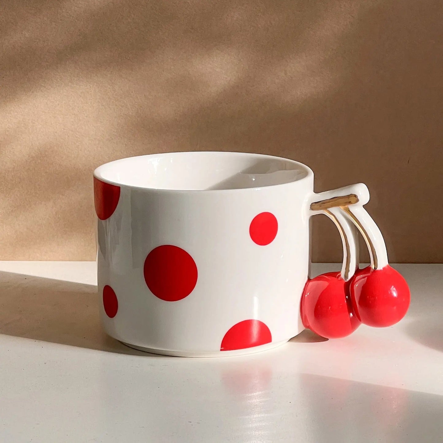 Cherry Handle Polka Dot Mug - Cute Ceramic Coffee & Tea Cup