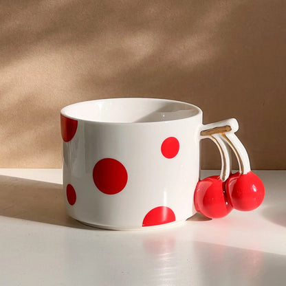 Cherry Handle Polka Dot Mug - Cute Ceramic Coffee & Tea Cup