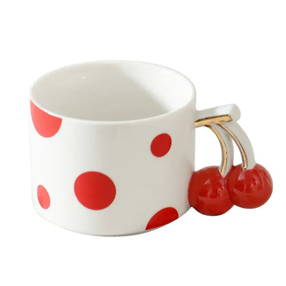 Cherry Handle Polka Dot Mug - Cute Ceramic Coffee & Tea Cup