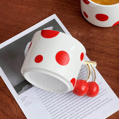 Cherry Handle Polka Dot Mug - Cute Ceramic Coffee & Tea Cup