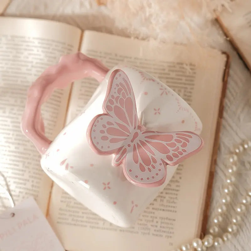 3D Relief Butterfly Ceramic Mug 🦋 Aesthetic Textured Coffee & Tea Cup – Pastel Giftware