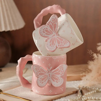 3D Relief Butterfly Ceramic Mug 🦋 Aesthetic Textured Coffee & Tea Cup – Pastel Giftware