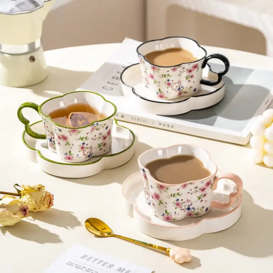 Artisan Flower-Rim Tea Cup & Cloud Saucer Set – Vintage Floral Cottagecore Mug
