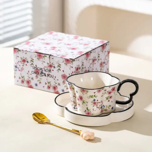 Artisan Flower-Rim Tea Cup & Cloud Saucer Set – Vintage Floral Cottagecore Mug