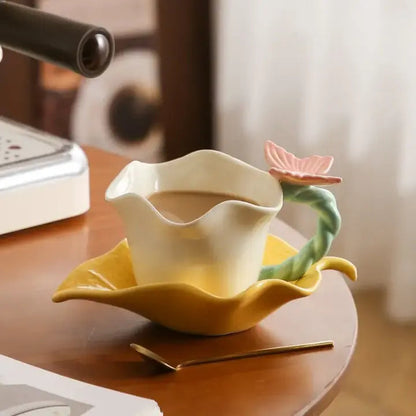 Artisan Blossom Tea Cup & Leaf Saucer Set – Handcrafted 280ml Ceramic Coffee Mug