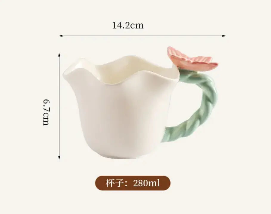 Artisan Blossom Tea Cup & Leaf Saucer Set – Handcrafted 280ml Ceramic Coffee Mug