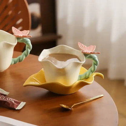 Artisan Blossom Tea Cup & Leaf Saucer Set – Handcrafted 280ml Ceramic Coffee Mug