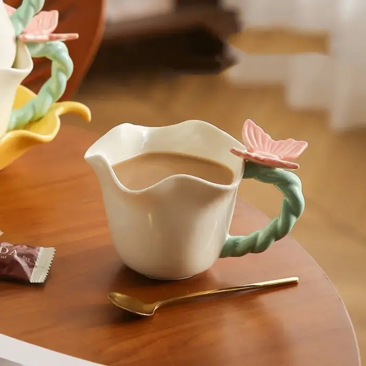 Artisan Blossom Tea Cup & Leaf Saucer Set – Handcrafted 280ml Ceramic Coffee Mug