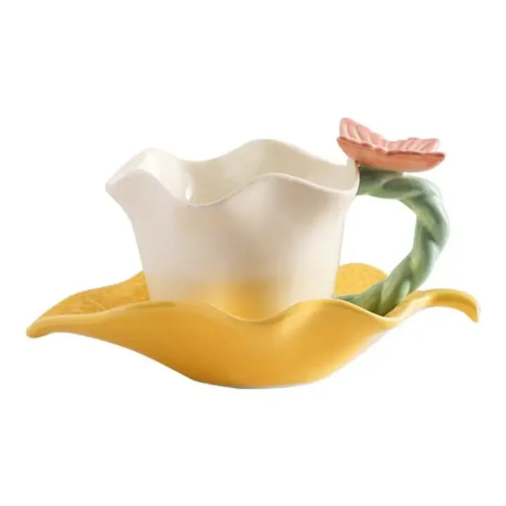 Artisan Blossom Tea Cup & Leaf Saucer Set – Handcrafted 280ml Ceramic Coffee Mug