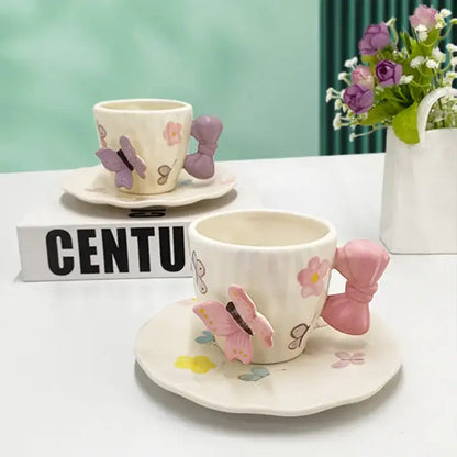 Papillon Duo – Artisan Butterfly & Bow Ceramic Cup with Sculptural Floral Saucer