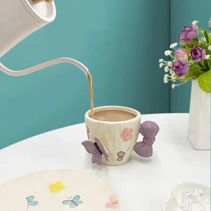 Papillon Duo – Artisan Butterfly & Bow Ceramic Cup with Sculptural Floral Saucer