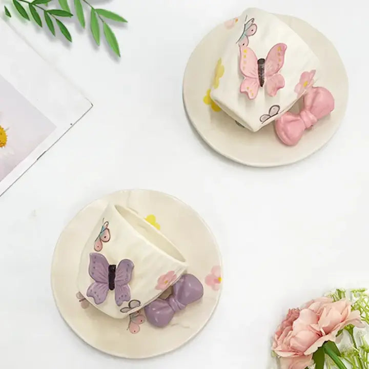 Papillon Duo – Artisan Butterfly & Bow Ceramic Cup with Sculptural Floral Saucer