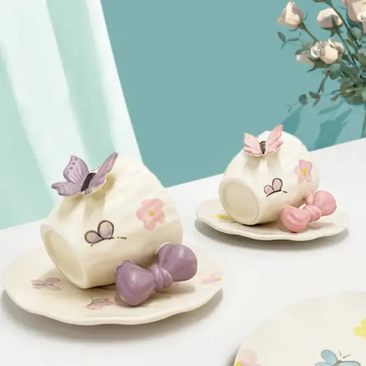 Papillon Duo – Artisan Butterfly & Bow Ceramic Cup with Sculptural Floral Saucer
