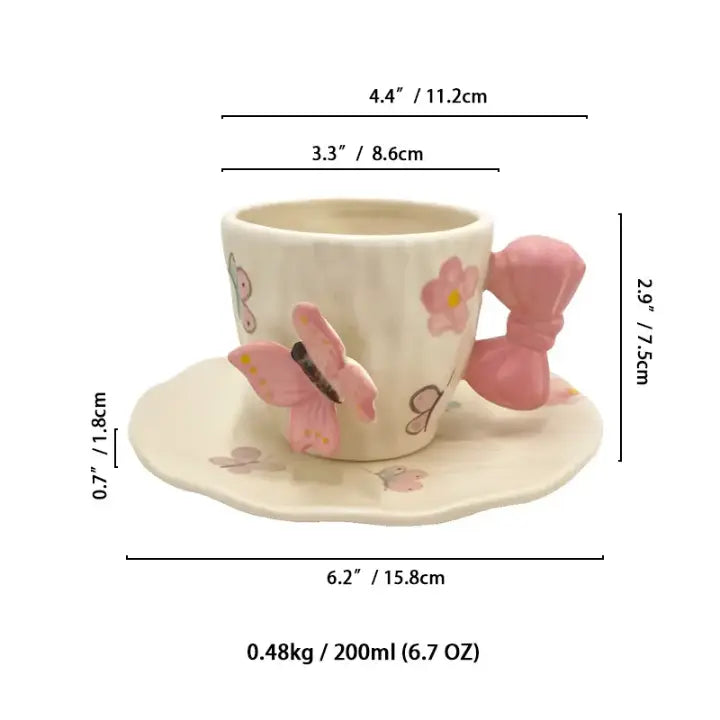 Papillon Duo – Artisan Butterfly & Bow Ceramic Cup with Sculptural Floral Saucer