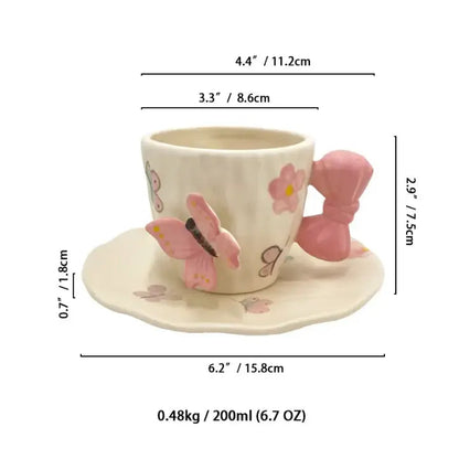 Papillon Duo – Artisan Butterfly & Bow Ceramic Cup with Sculptural Floral Saucer