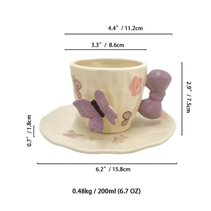 Papillon Duo – Artisan Butterfly & Bow Ceramic Cup with Sculptural Floral Saucer