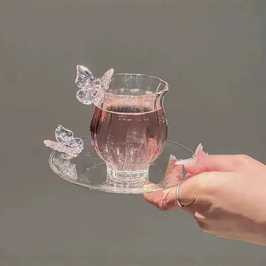 Elegant Butterfly Glass Coffee Cup & Saucer – Aesthetic Crystal Teacup Set