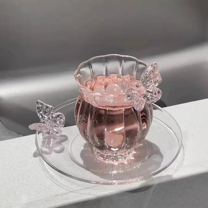 Elegant Butterfly Glass Coffee Cup & Saucer – Aesthetic Crystal Teacup Set