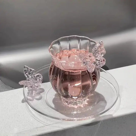 Elegant Butterfly Glass Coffee Cup & Saucer – Aesthetic Crystal Teacup Set