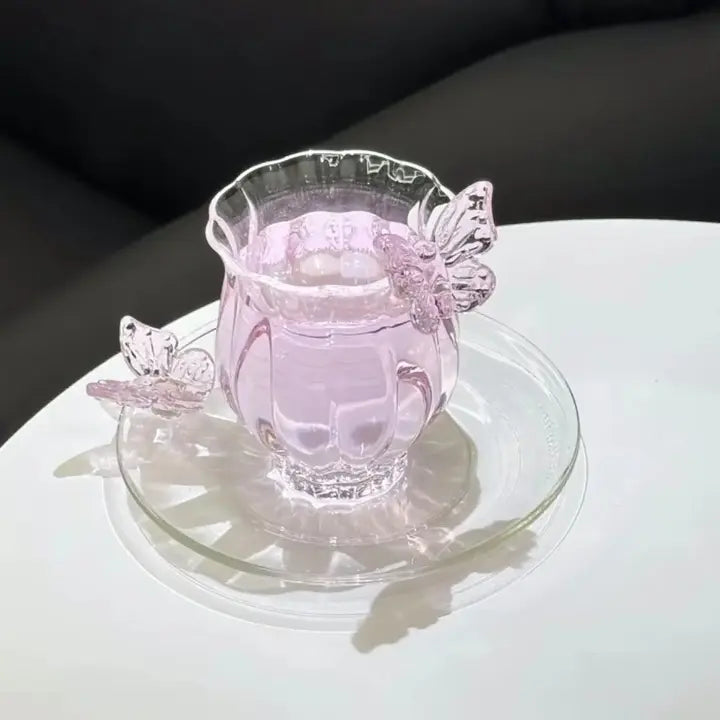 Elegant Butterfly Glass Coffee Cup & Saucer – Aesthetic Crystal Teacup Set