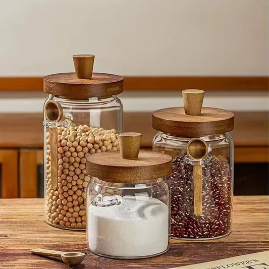 3pcs Minimalist Glass Jar with Wooden Lid & Spoon