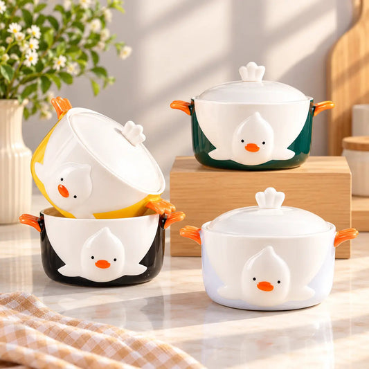 Chick Face Ceramic Bowl with Lid & Wing Handles