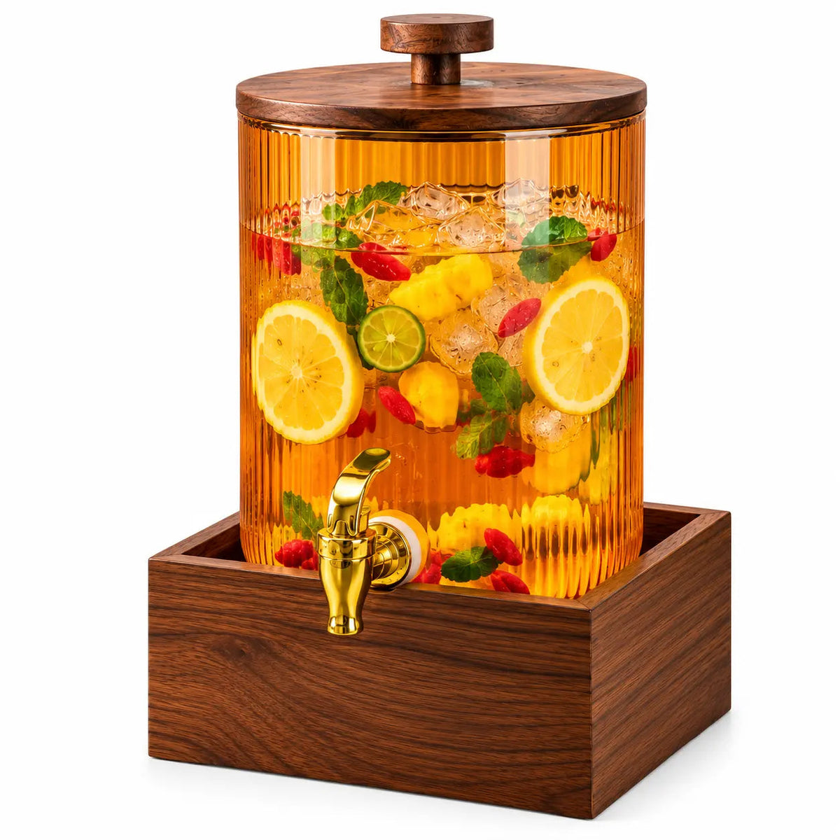 3.6L Ribbed Glass Beverage Dispenser with Wood Base