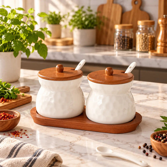 White Ceramic Spice Jars with Wooden Tray – Set of 2