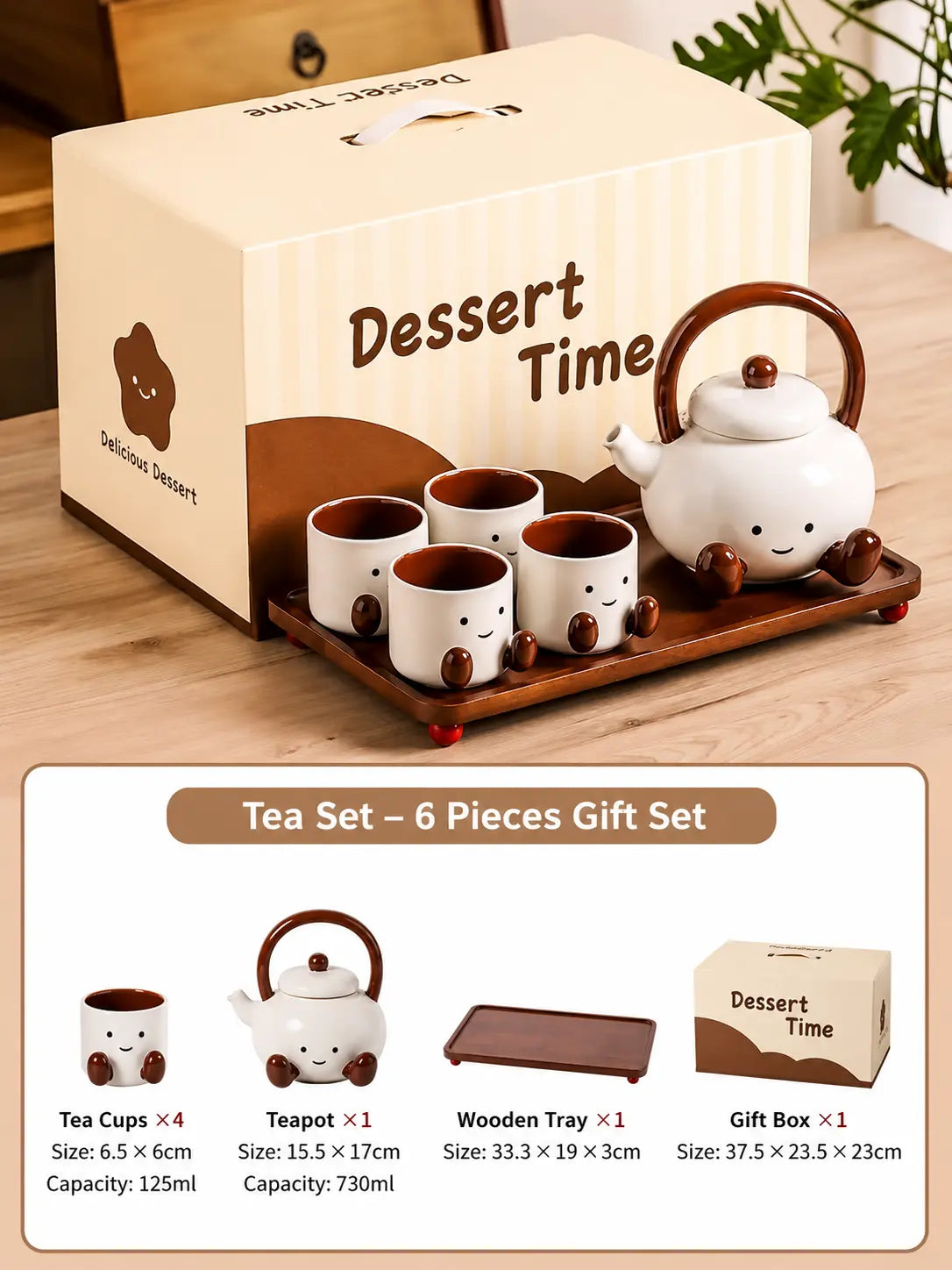 Ceramic Tea Set with Teapot, 4 Cups & Wooden Tray – 6-Piece Gift Set