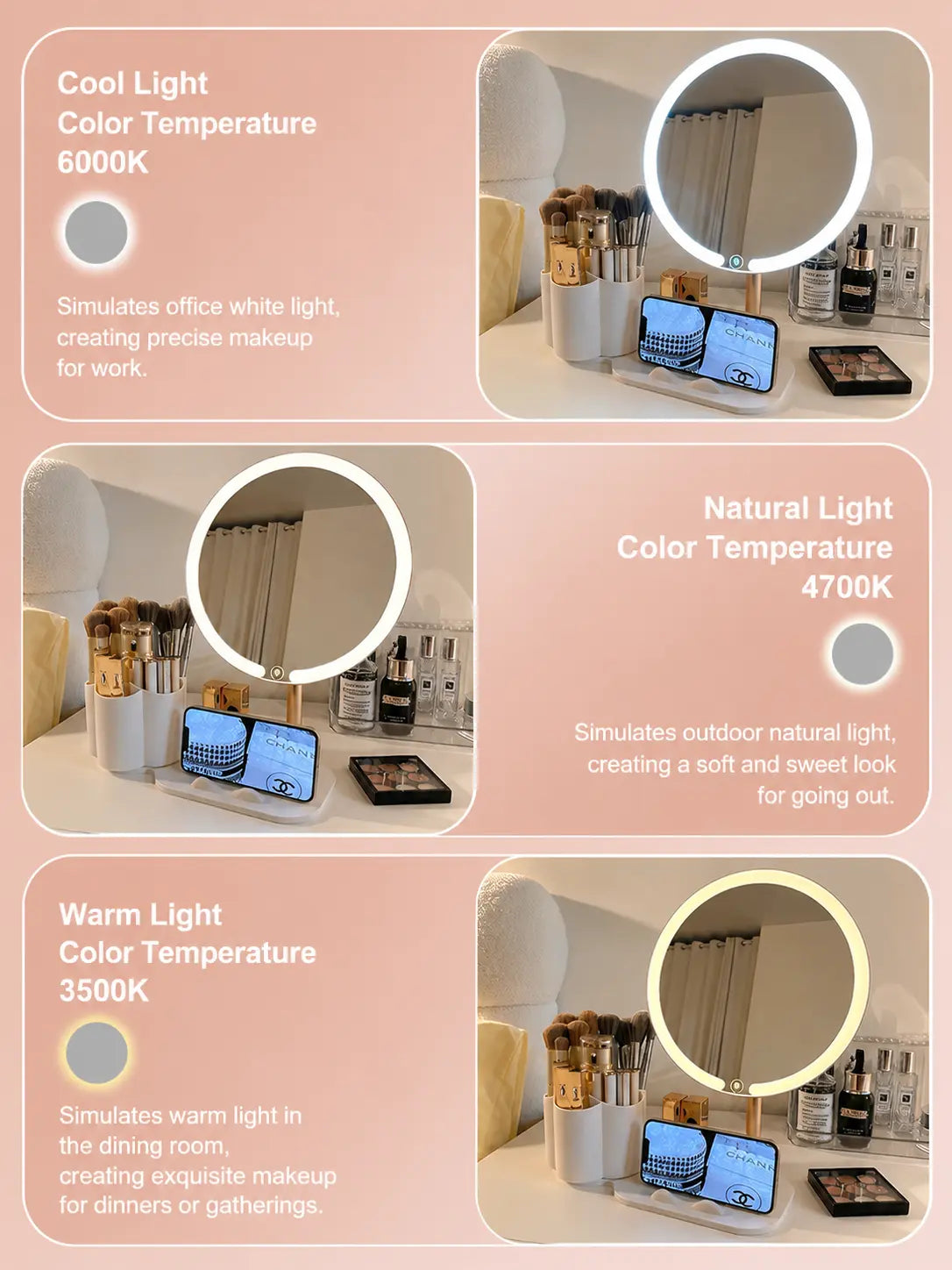 LED Vanity Mirror with Storage Organizer & Phone Holder
