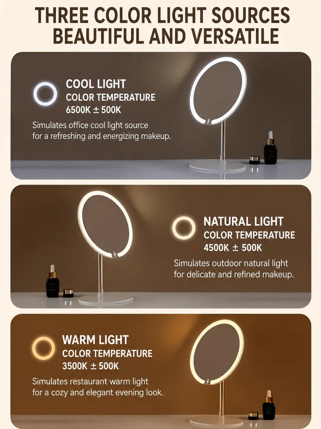 LED Makeup Mirror with Adjustable Stand - 3 Color Light Vanity Mirror