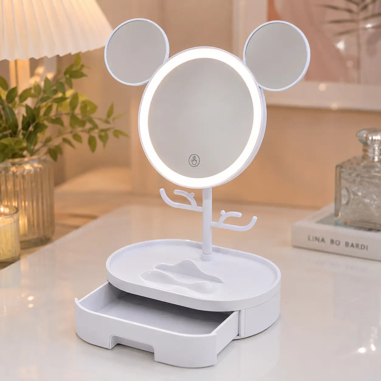 Mouse Ear LED Makeup Mirror with Jewelry Organizer & Drawer
