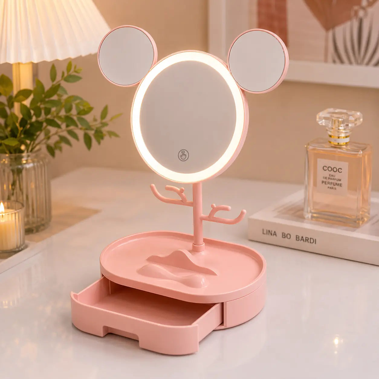 Mouse Ear LED Makeup Mirror with Jewelry Organizer & Drawer