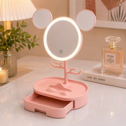Mouse Ear LED Makeup Mirror with Jewelry Organizer & Drawer