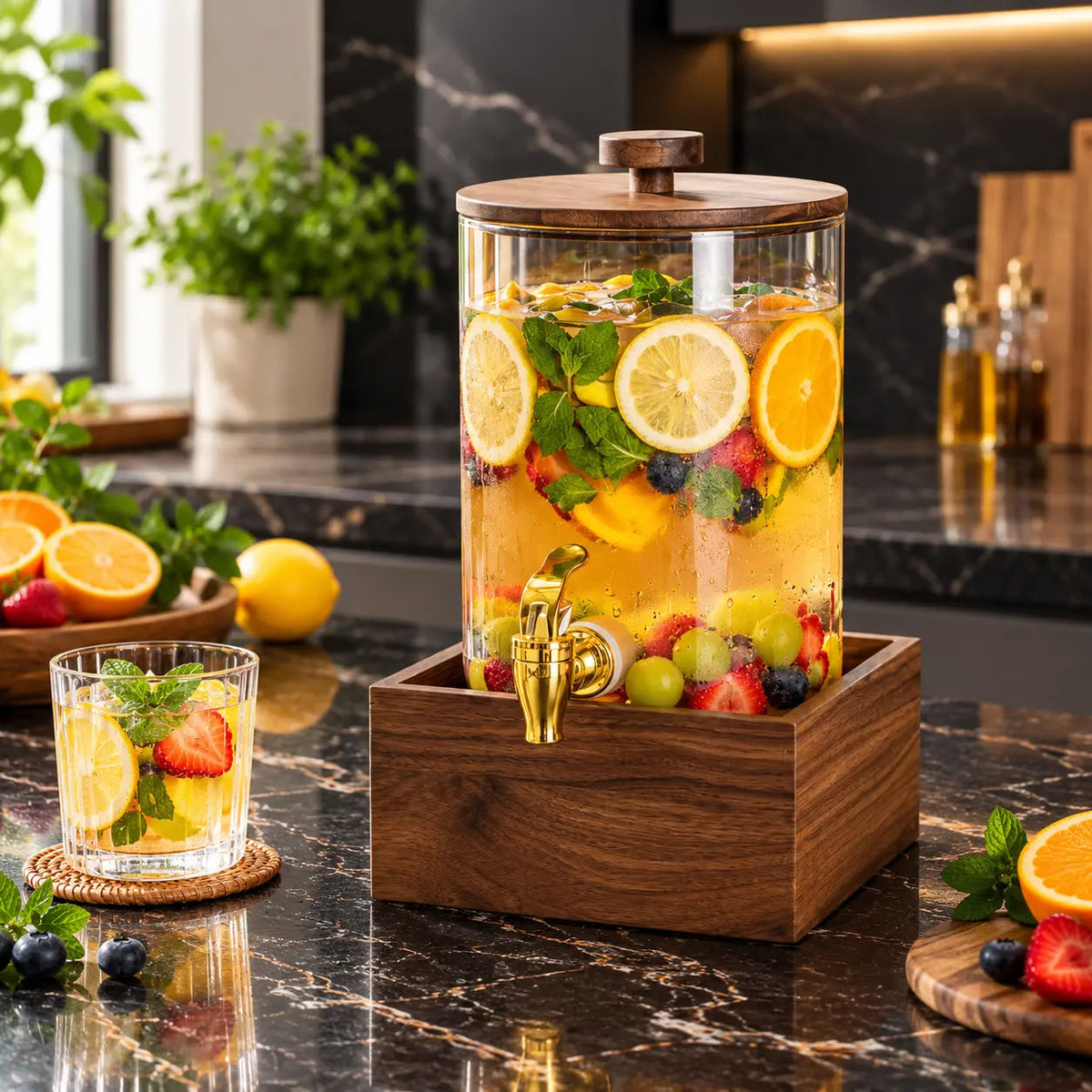 3.6L Clear Glass Drink Dispenser with Wooden Stand