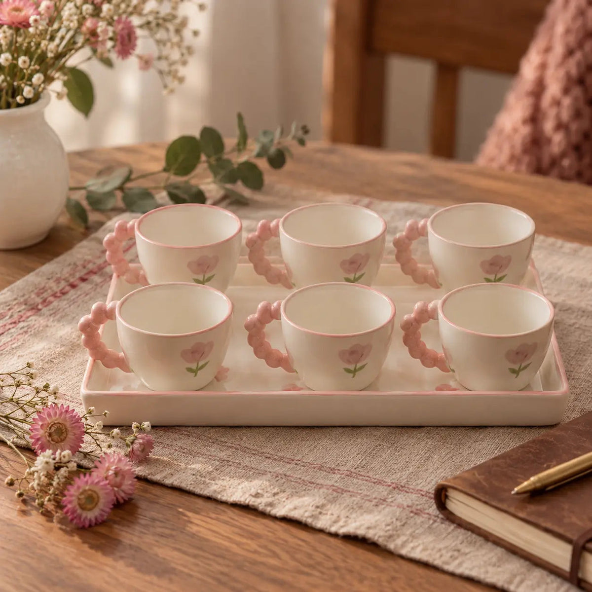 Mini Pink Floral Ceramic Tea Cups & Tray – Set of 6