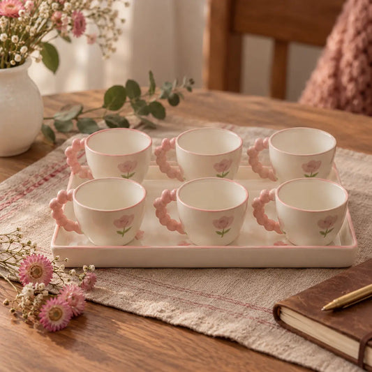 Mini Pink Floral Ceramic Tea Cups & Tray – Set of 6