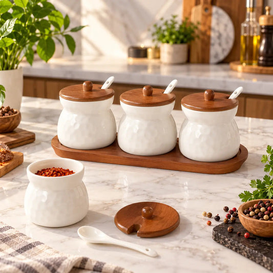 White Ceramic Spice Jar Set with Wood Tray – 3 Jars