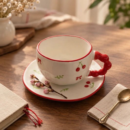 Cherry & Ribbon Ceramic Teacup with Saucer