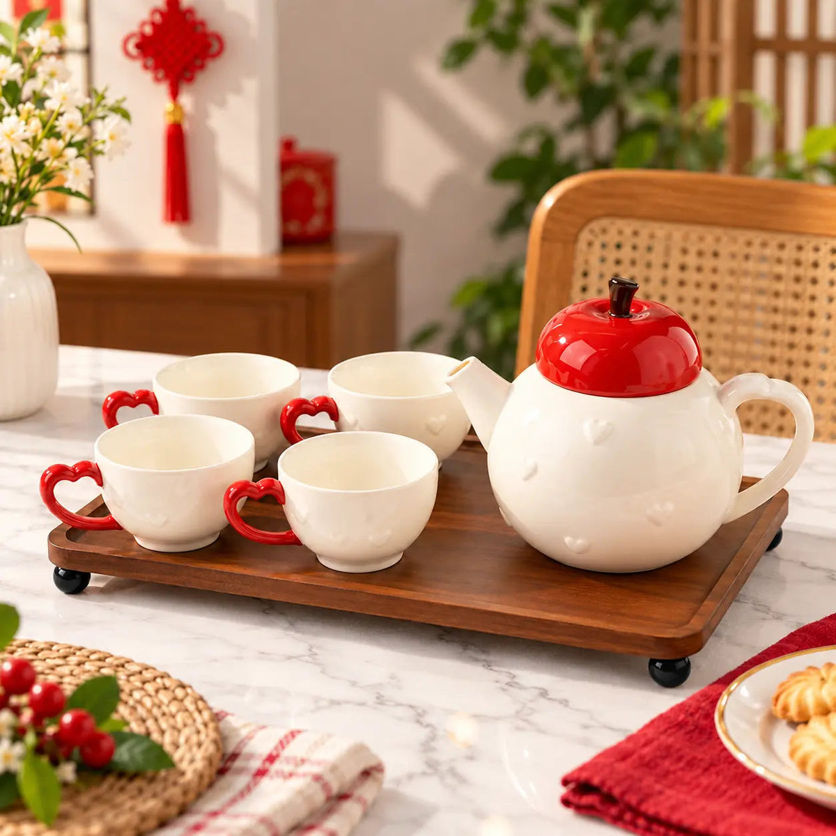 Apple-Inspired Ceramic Tea Set with Heart Cups – 6pc