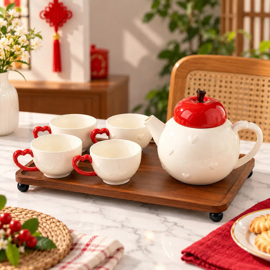 Apple-Inspired Ceramic Tea Set with Heart Cups – 6pc